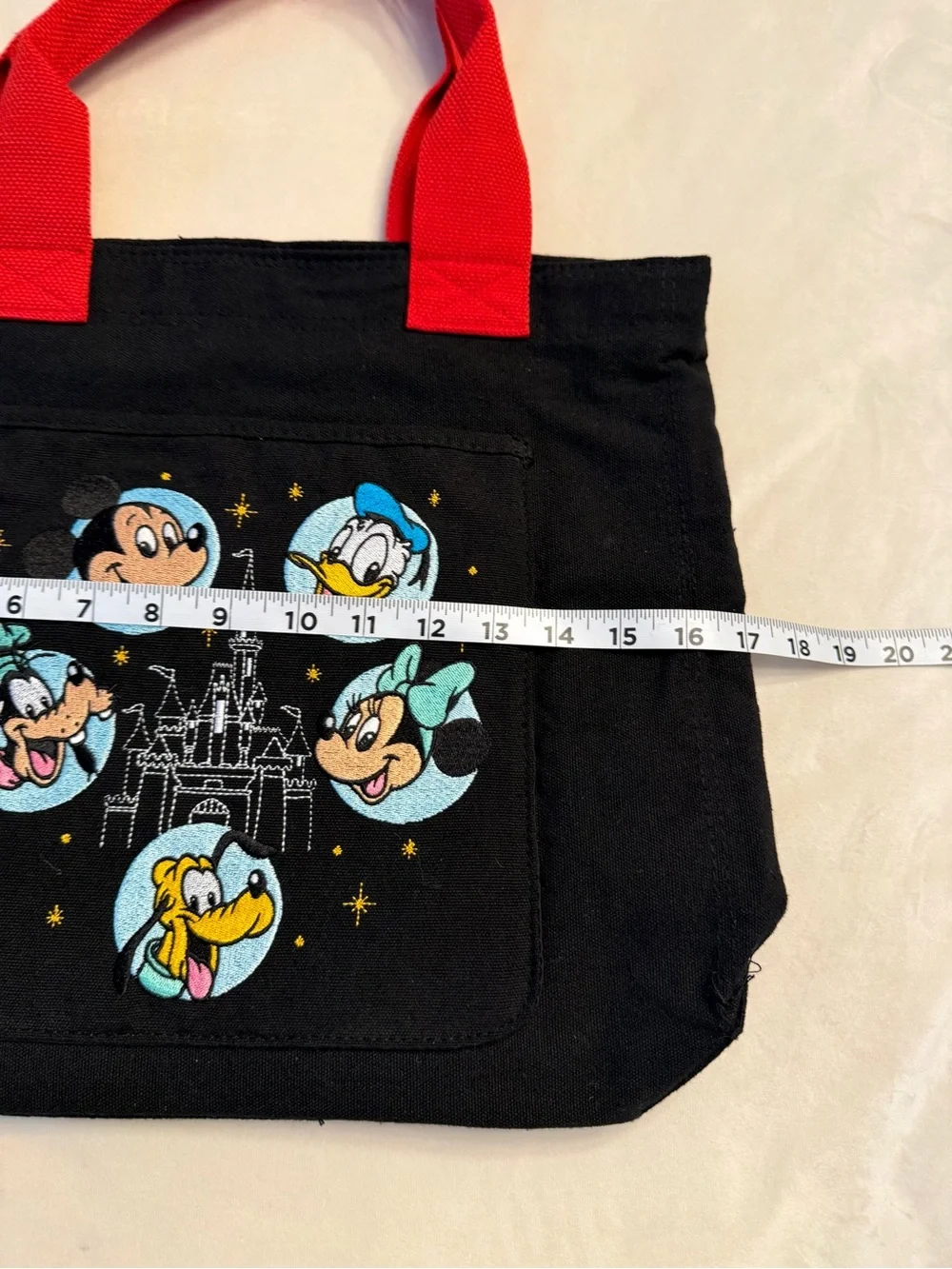 NWT! Disney Parks Black Embroidered Canvas Tote with Red Handles